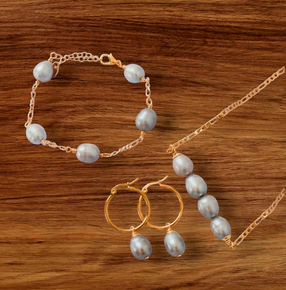 KALANI - Inspired Premium Silver Grey Natural Freshwater Pearl Set